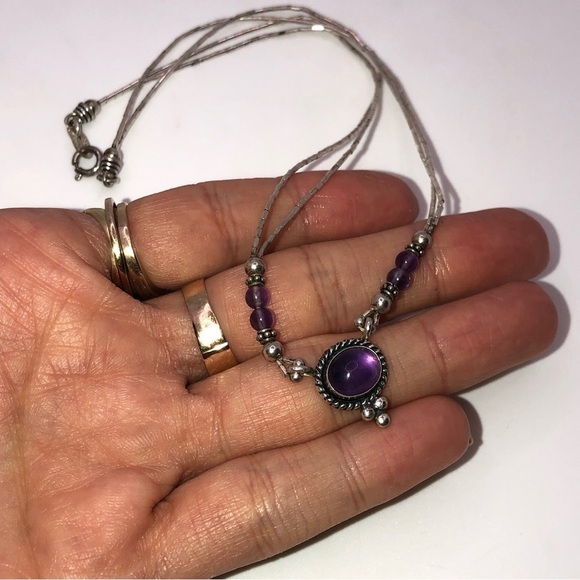 Vtg QT Sterling Liquid Silver Heishi Tube Bead Amethyst Necklace 16” - Picture 4 of 7